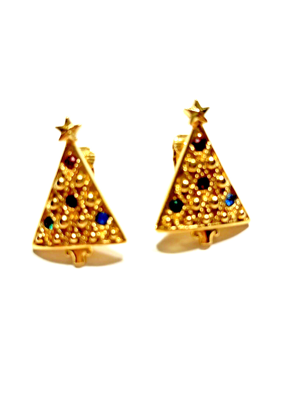 Vintage Christmas Tree Clip On Earrings Gold Tone Multicolor Rhinestones Holiday